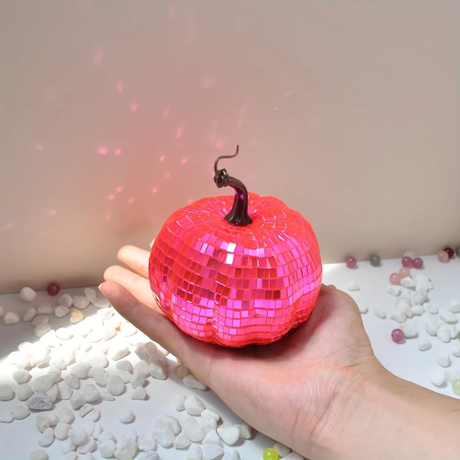 Glass pumpkin mirror decoration with bionic design in Chinese style, shown in multiple sizes