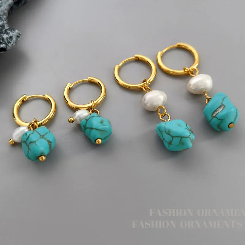 Geometric copper earring set with turquoise and cultured pearls including short clips and dangle styles