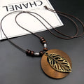Wooden leaf ethnic necklace with adjustable cotton linen chain, 51cm to 80cm perimeter