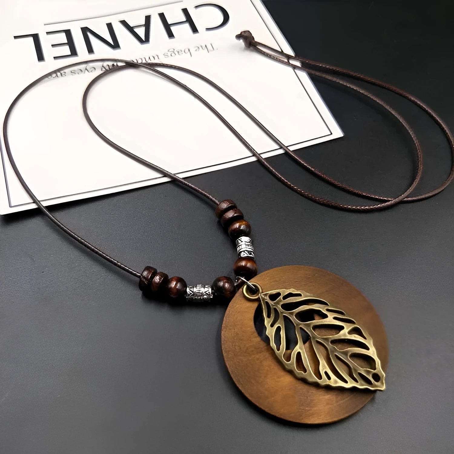 Wooden leaf ethnic necklace with adjustable cotton linen chain, 51cm to 80cm perimeter