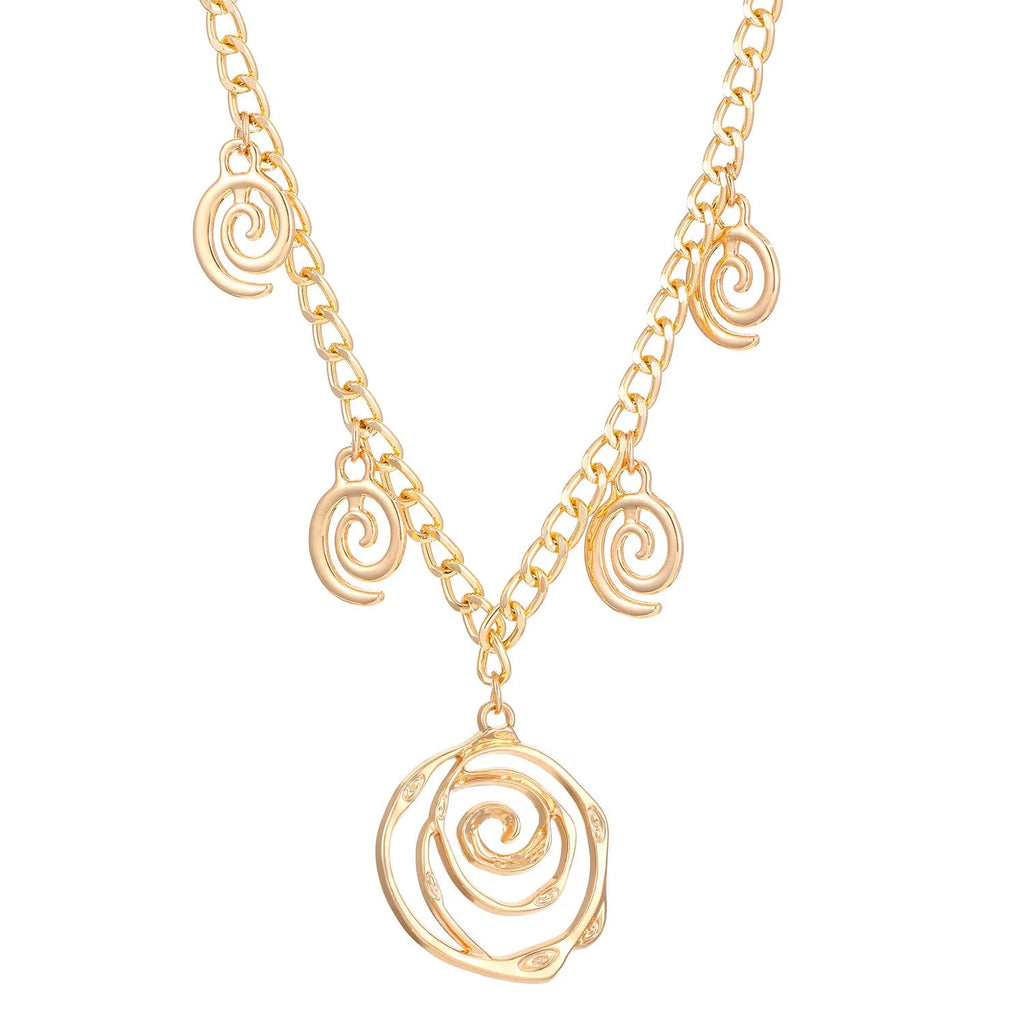 Women's spiral donut jewellery set showing bracelet, earrings, and adjustable necklace in gold tone