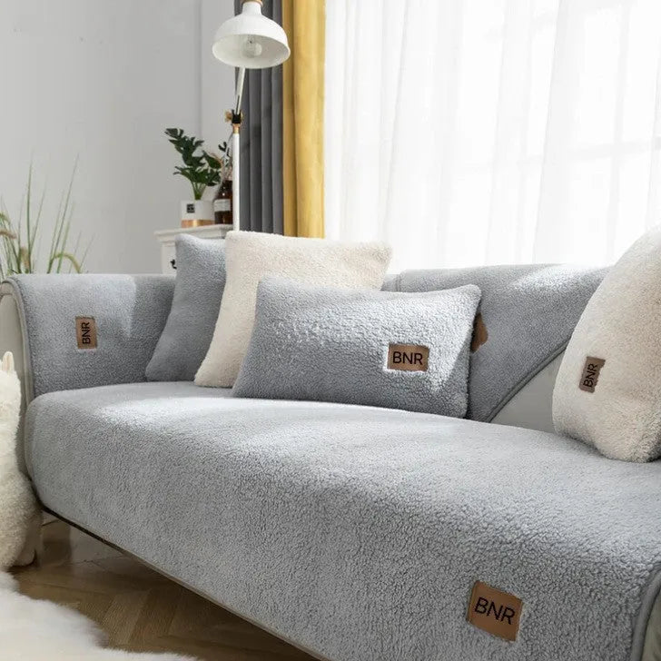 Lambswool sofa cover in solid colour showing cloth liner style and texture