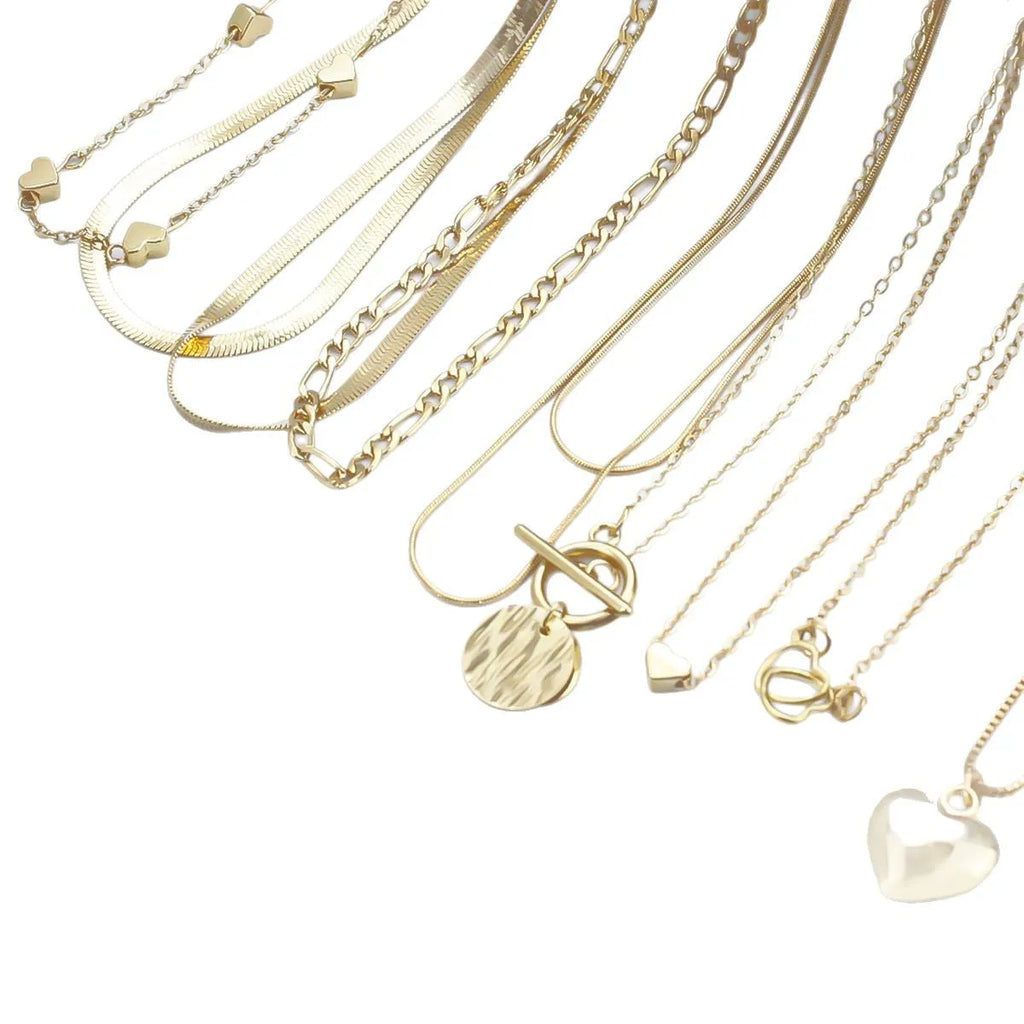 10-piece gold electroplated women's necklace set with snake bone chains and simple alloy pendants