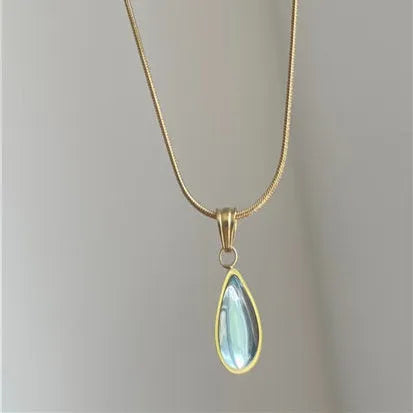 Retro blue and green water drop necklace with titanium steel chain and mixed gemstone pendant