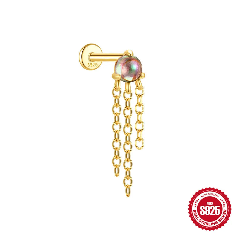 S925 sterling silver flat head stud earrings with shiny rainbow stone finish, showing thread piercing post.