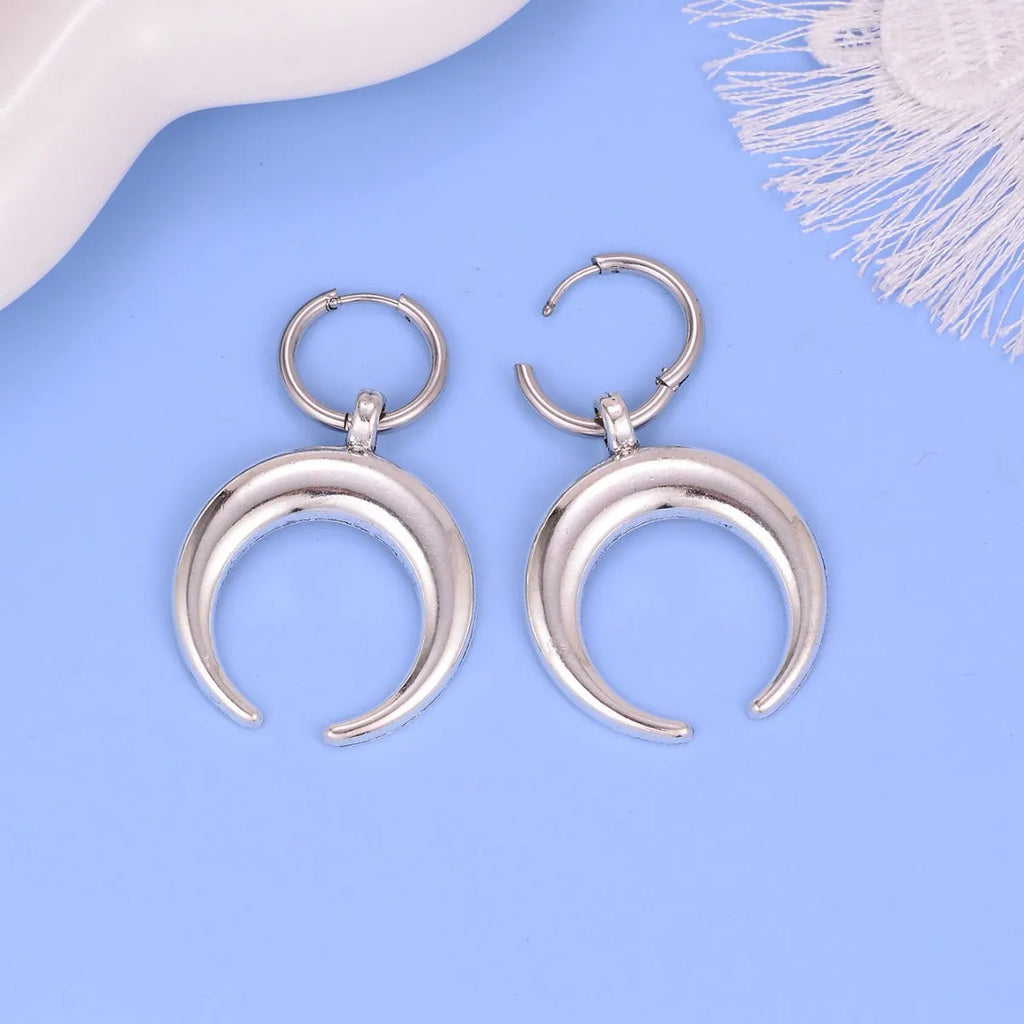 Alloy geometric hoop earrings with gothic moon design and silver electroplated finish
