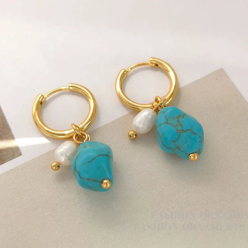 Geometric copper earring set with turquoise and cultured pearls including short clips and dangle styles