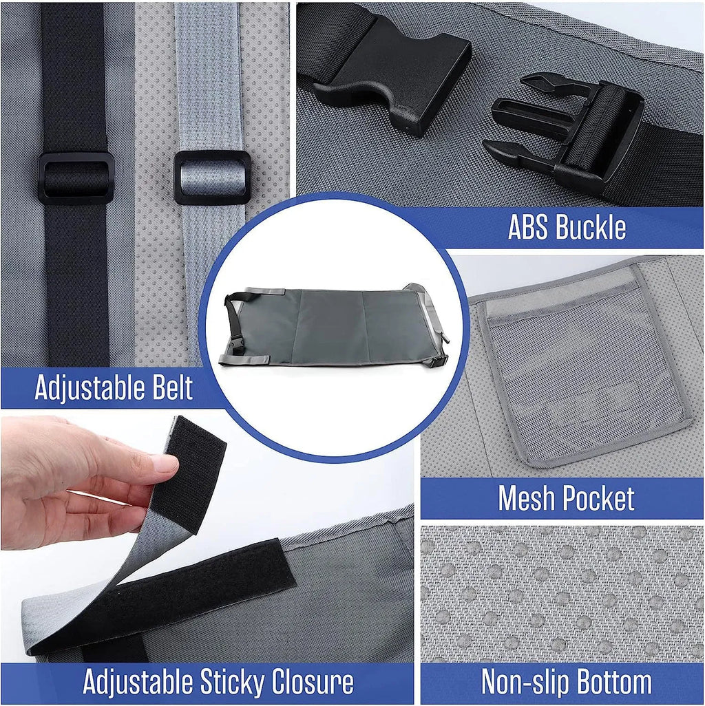 Portable grey nylon children's aircraft seat pedal extender with a matching drawstring pocket.