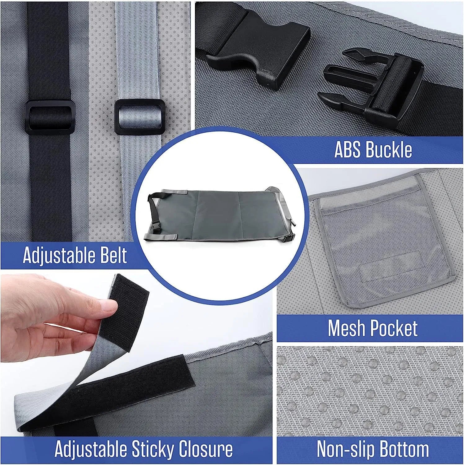 Portable grey nylon children's aircraft seat pedal extender with a matching drawstring pocket.