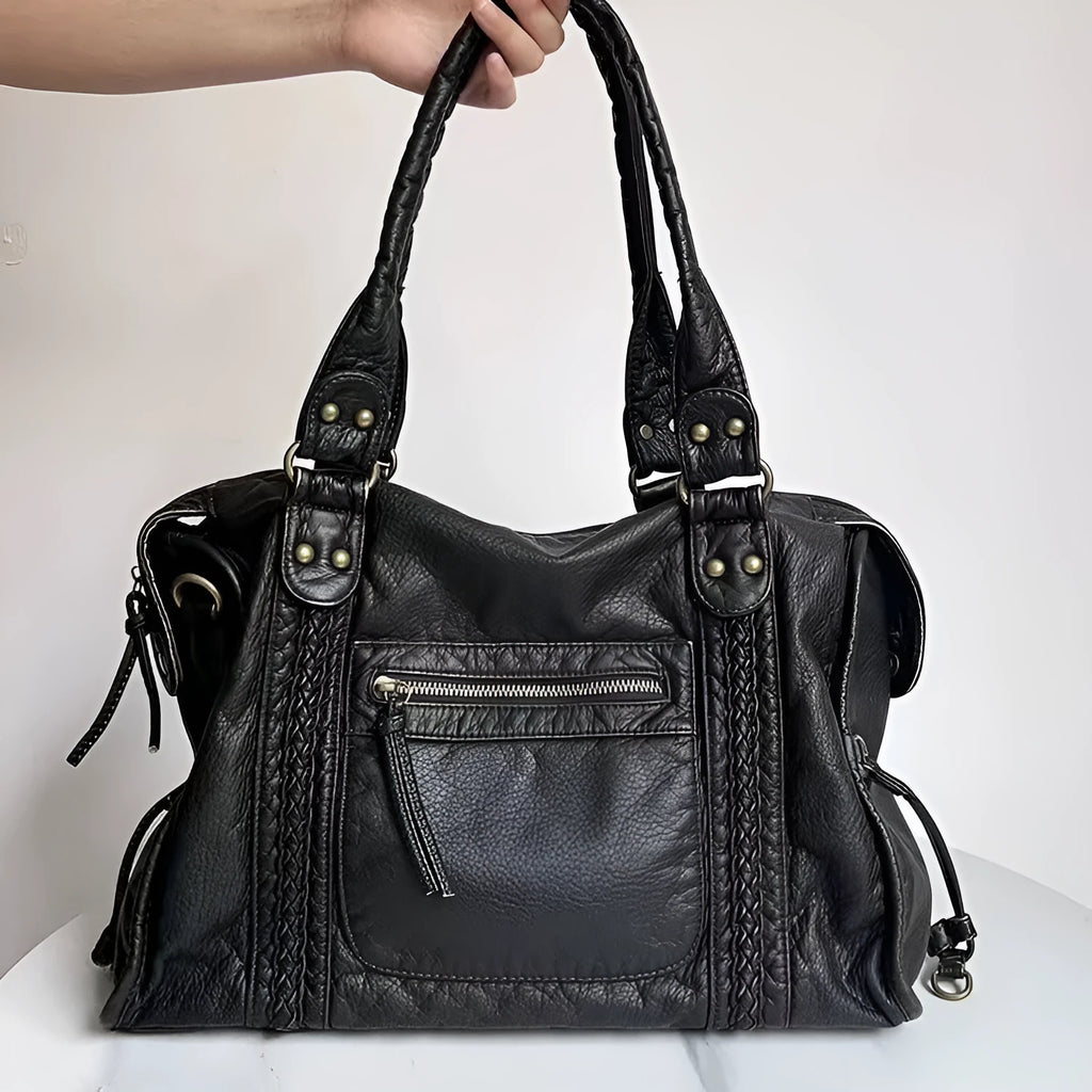 Women's brown retro PU messenger bag with woven accent and shoulder strap