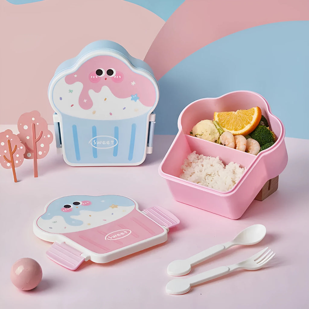 Creative ice cream shaped plastic lunch box with spoon and fork set in cartoon design