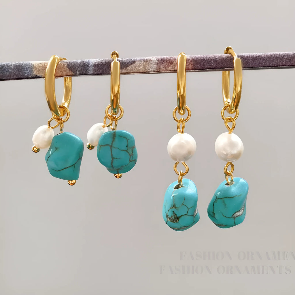 Geometric copper earring set with turquoise and cultured pearls including short clips and dangle styles