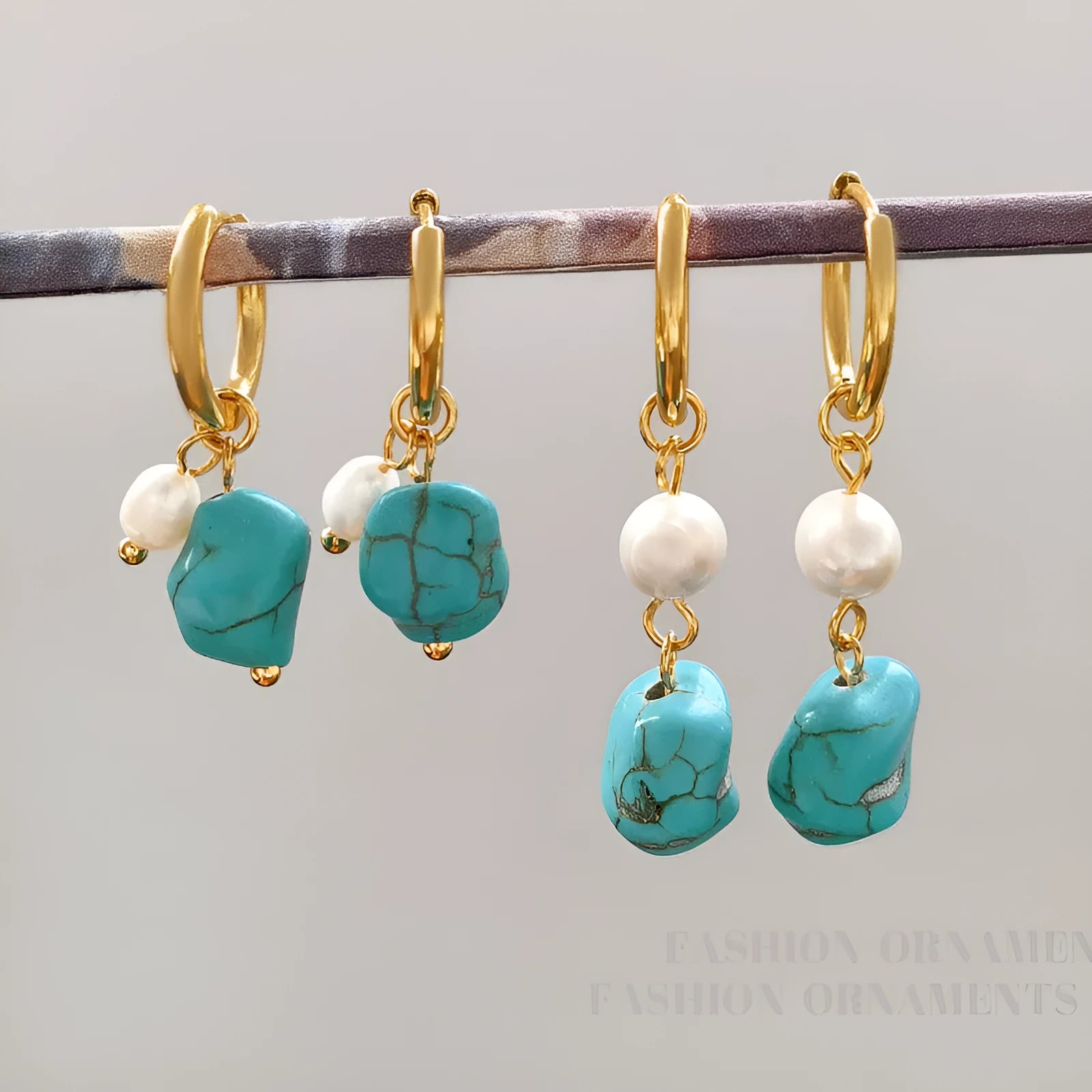 Geometric copper earring set with turquoise and cultured pearls including short clips and dangle styles