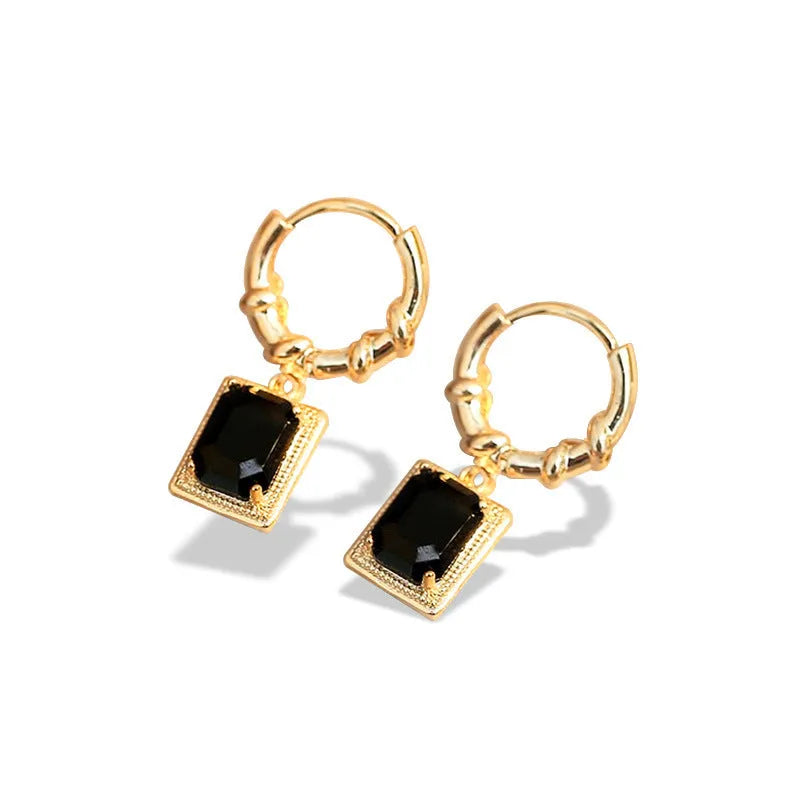 Black zircon French court retro earrings with geometric quadrilateral copper design