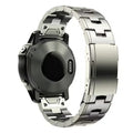Garmin Fenix compatible watch strap shown in black, silver, and titanium colours for 22mm and 26mm widths.