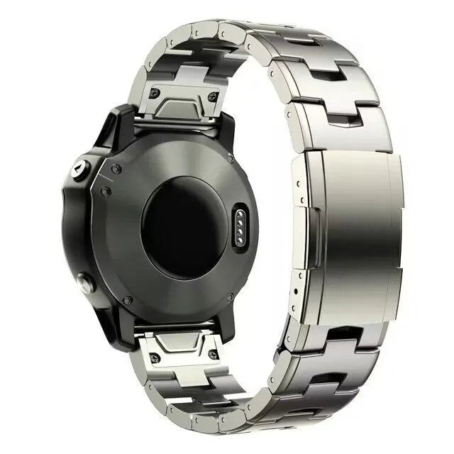 Garmin Fenix compatible watch strap shown in black, silver, and titanium colours for 22mm and 26mm widths.