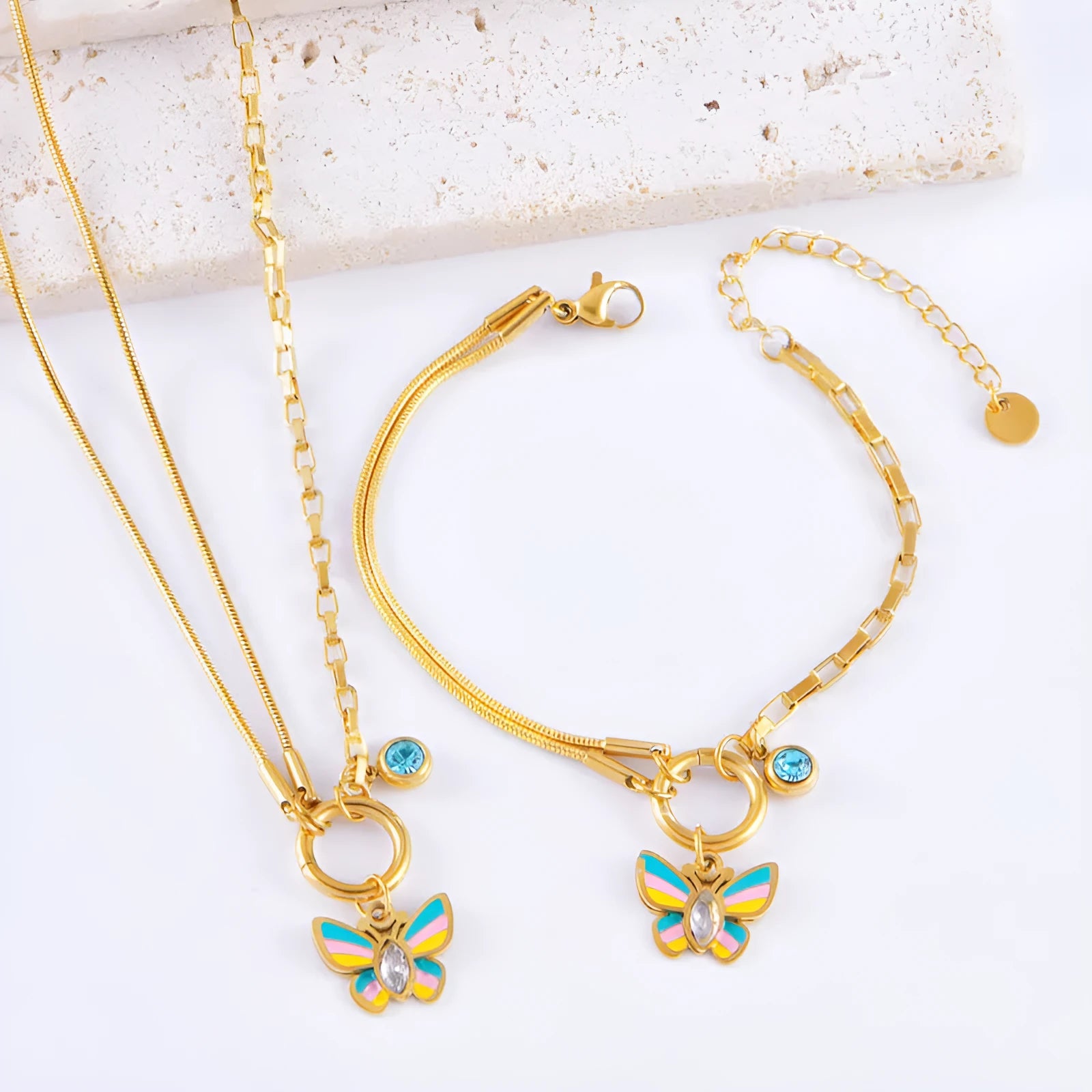 Gold epoxy butterfly pendant necklace and bracelet set with titanium steel snake bones chain