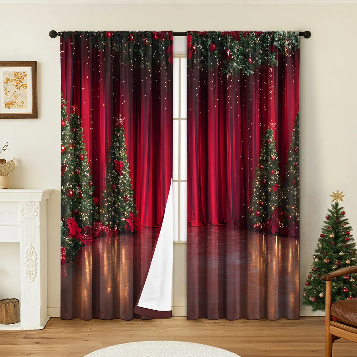 Pair of 3D digitally printed Christmas theme curtains made from polyester fabric, showing detailed pattern.