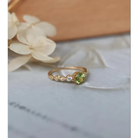 Copper geometric quadrilateral ring with imitation peridot stone in Japanese retro style