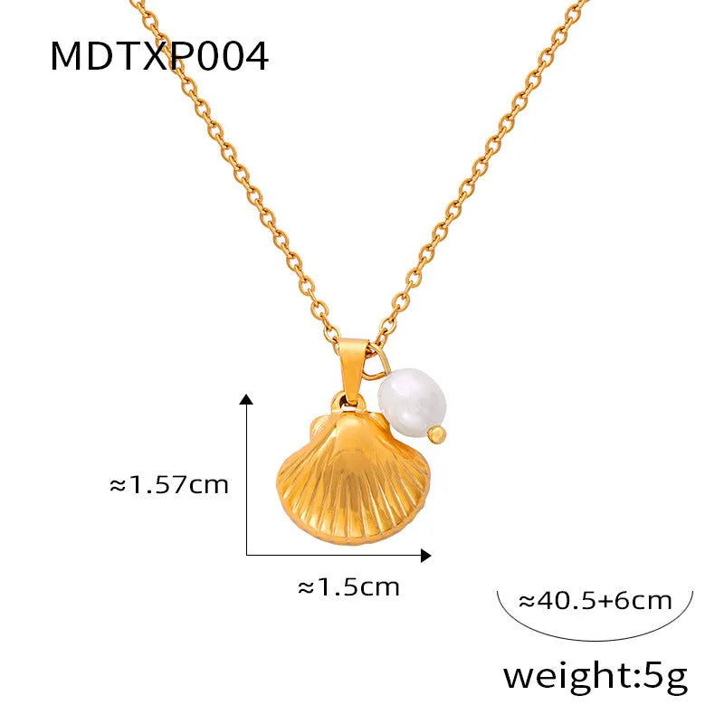 French vintage shell pendant necklace with freshwater pearl bead on O-shaped titanium steel chain