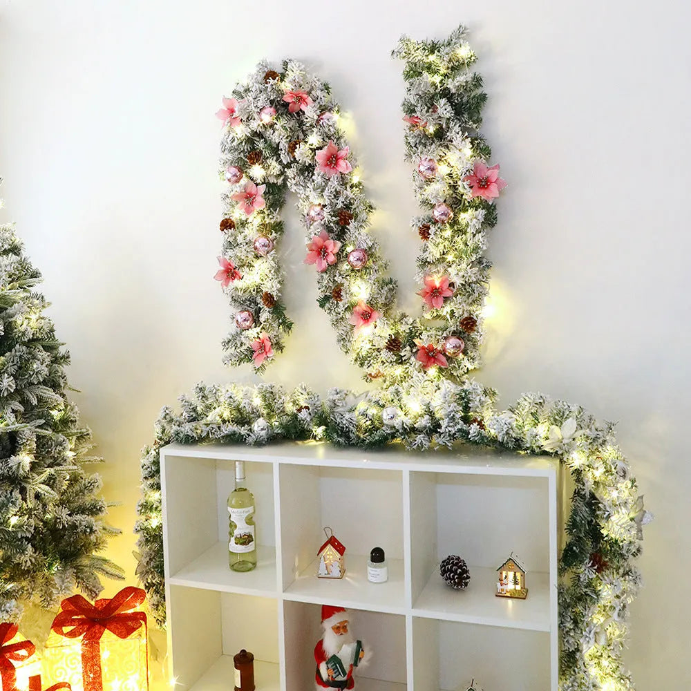 240cm long PVC Christmas rattan garland with flocking decoration in a choice of five colours.