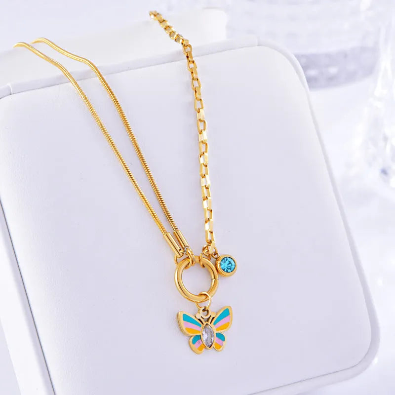 Gold epoxy butterfly pendant necklace and bracelet set with titanium steel snake bones chain