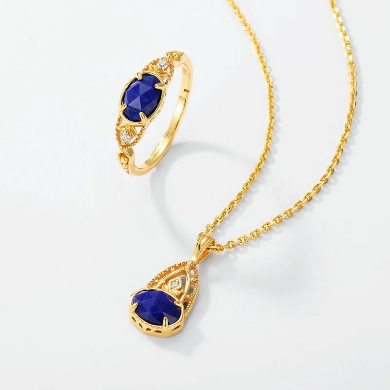 Geometric ellipse lapis lazuli ring in silver alloy with Japanese style design on model hand