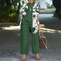 Women's blue three-piece casual suit featuring a long-sleeve coat, a vest, and full-length trousers.