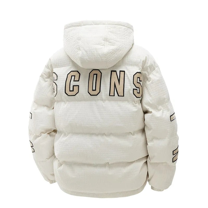 Men's black padded hooded coat with white letter print, side pockets, Korean style cardigan design
