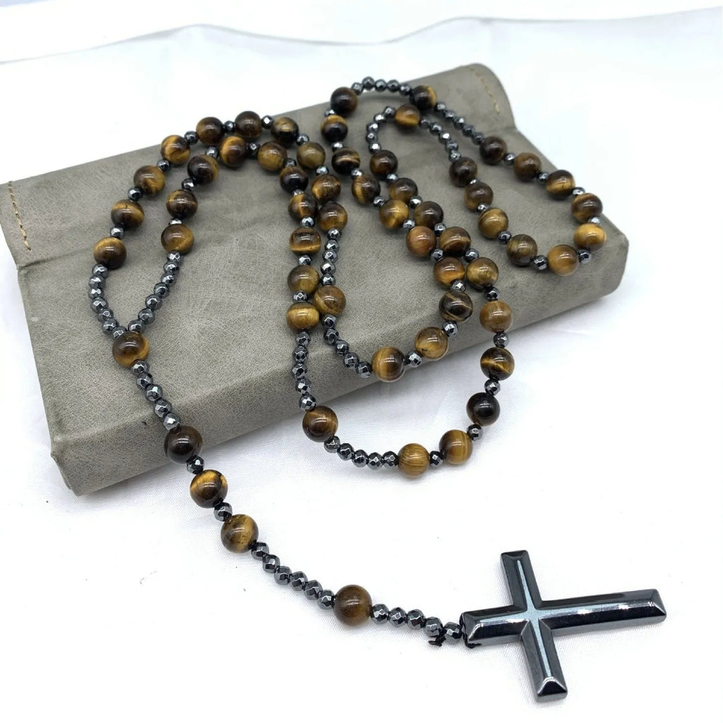 Men's stone cross pendant necklace on a ball bead chain with a safety lock clasp.