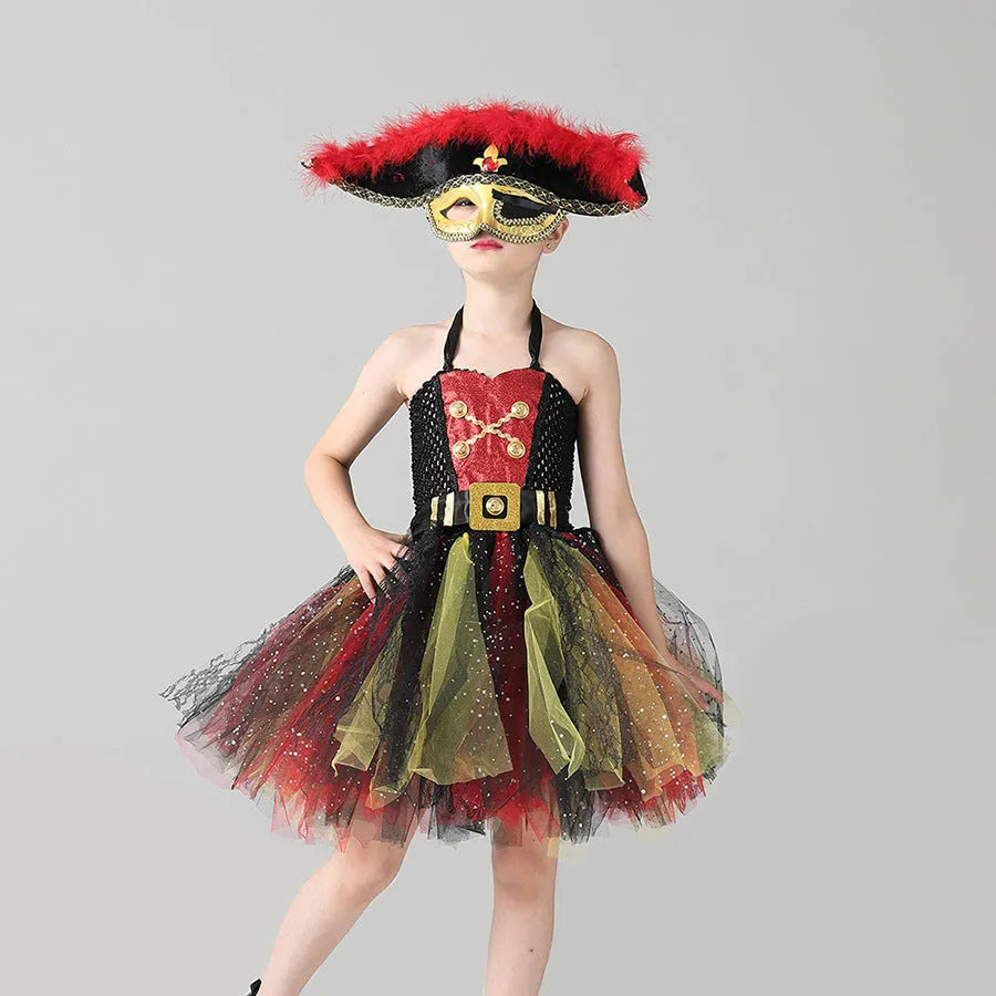 Girls sleeveless pirate costume dress with black sequin and lace detailing for Halloween.