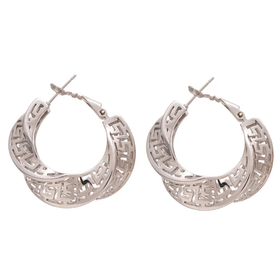 Women's geometric hollow stud earrings with twisted round design in gold and silver colour options