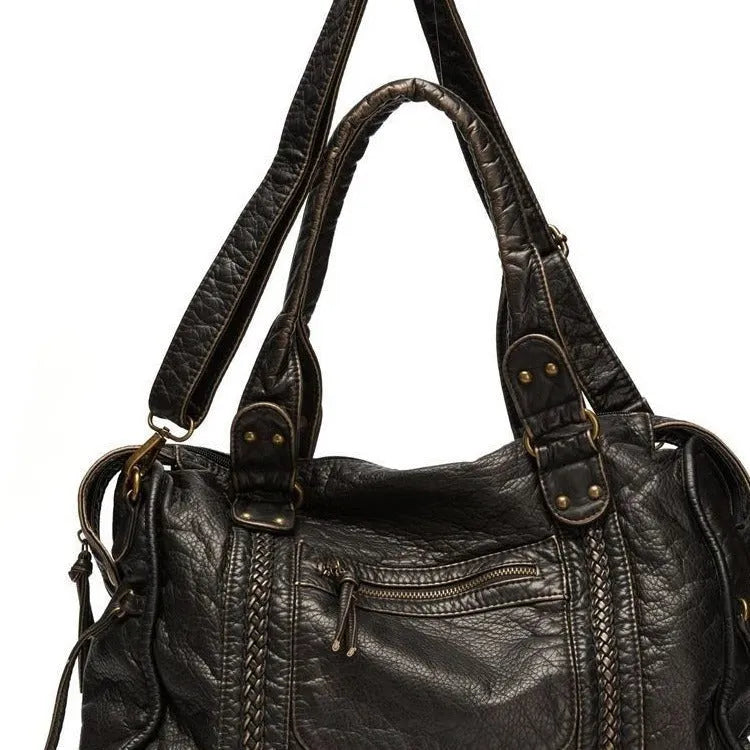 Women's brown retro PU messenger bag with woven accent and shoulder strap