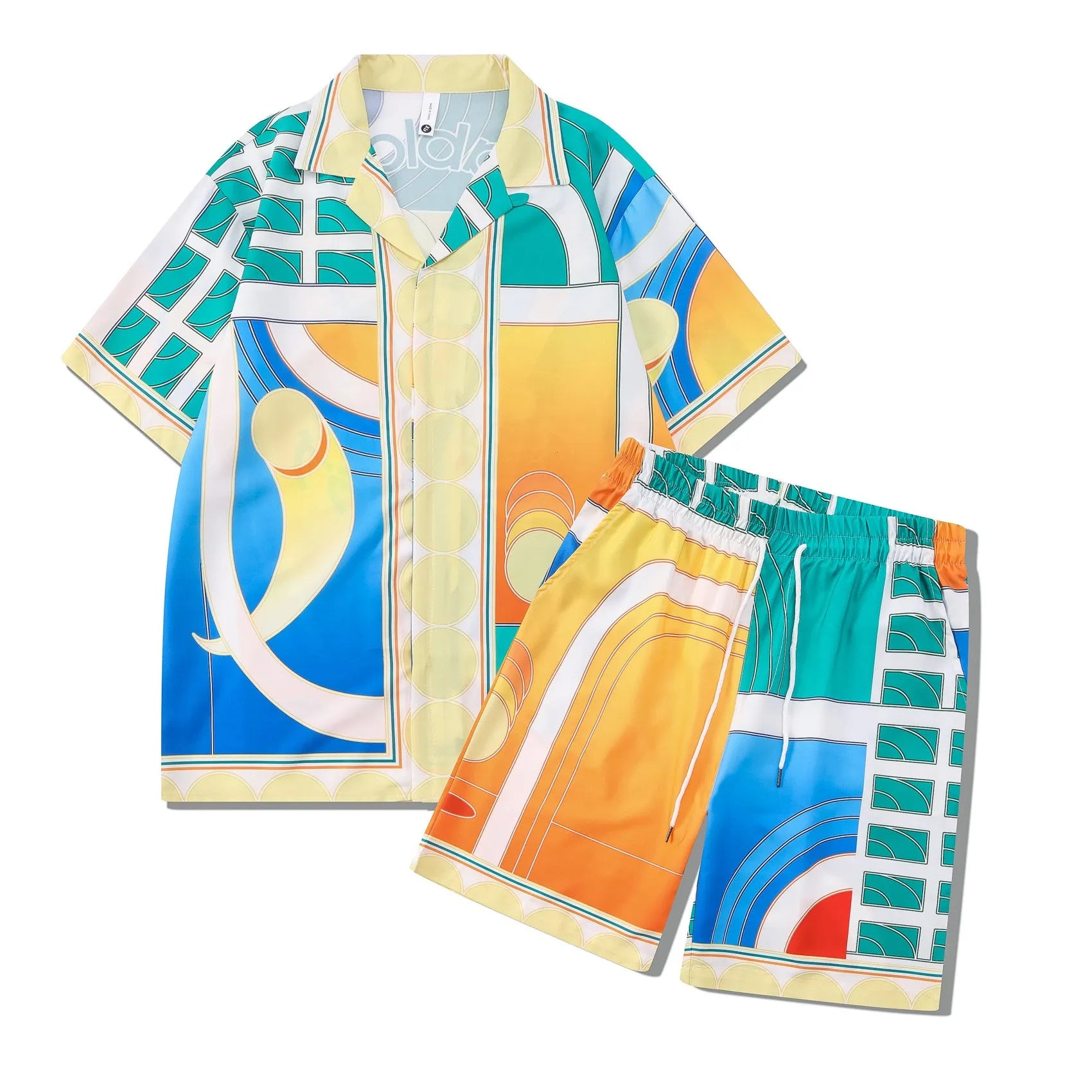 Men's plaid pattern beach outfit set with short sleeve shirt and matching trousers