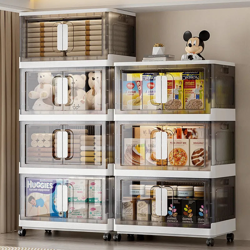Foldable PP plastic storage locker with wheels available in white or gray with multiple layer options for shoes and toys