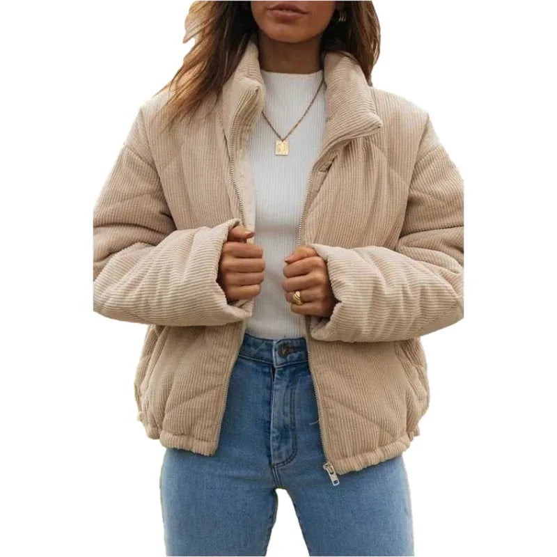 Apricot women's corduroy jacket with stand collar, long sleeves, and front zipper.