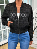 Black women's casual jacket with a geometric pattern, semi-transparent polyester fabric, and a thread zipper.