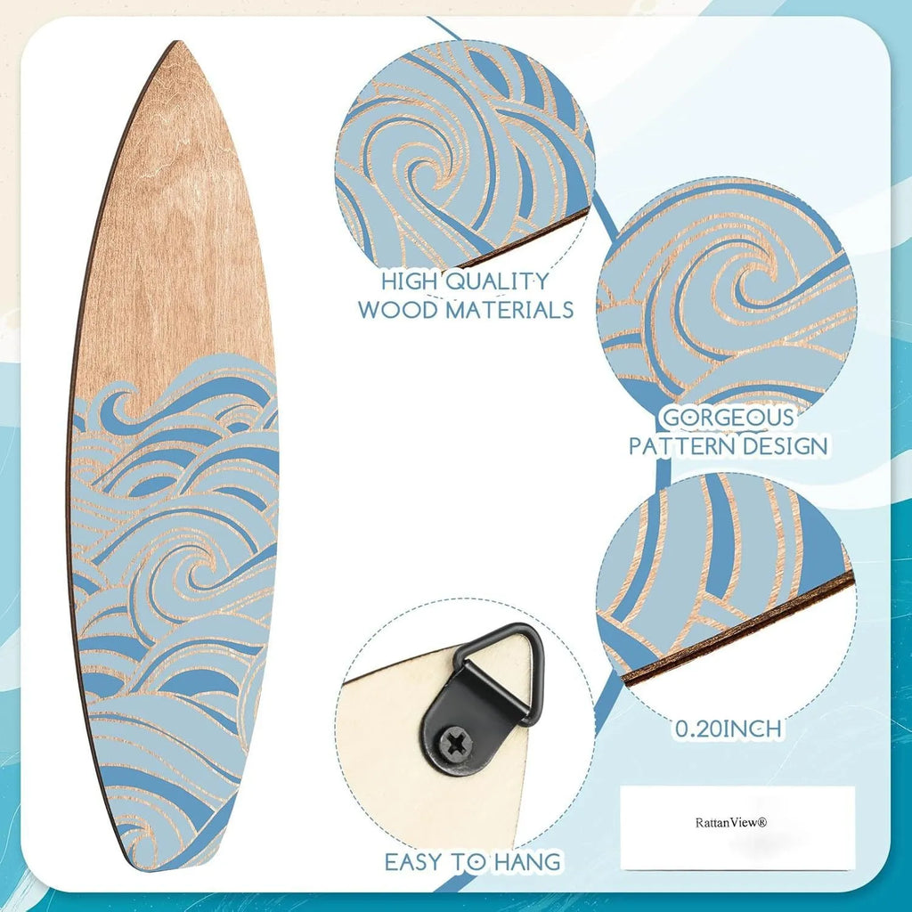 Three identical wooden surfboard-shaped wall decorations made from boxwood on a plain background.