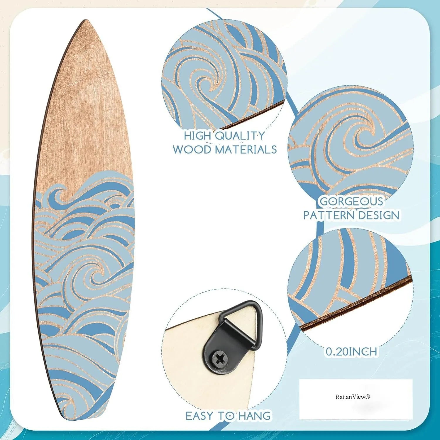Three identical wooden surfboard-shaped wall decorations made from boxwood on a plain background.