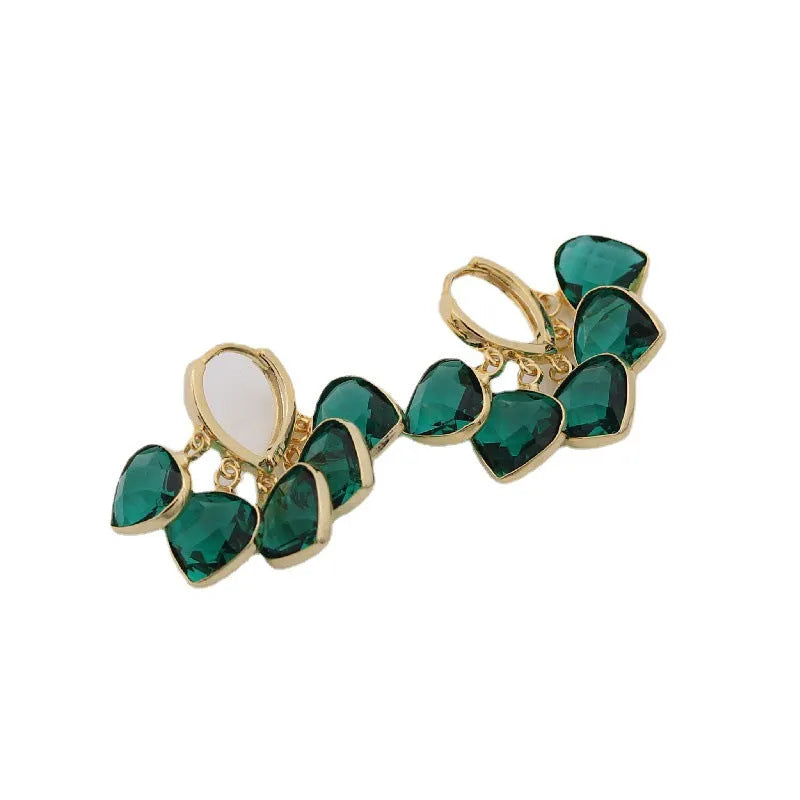 Green heart-shaped glass pendant ear clips with Korean style design and alloy gemstone details