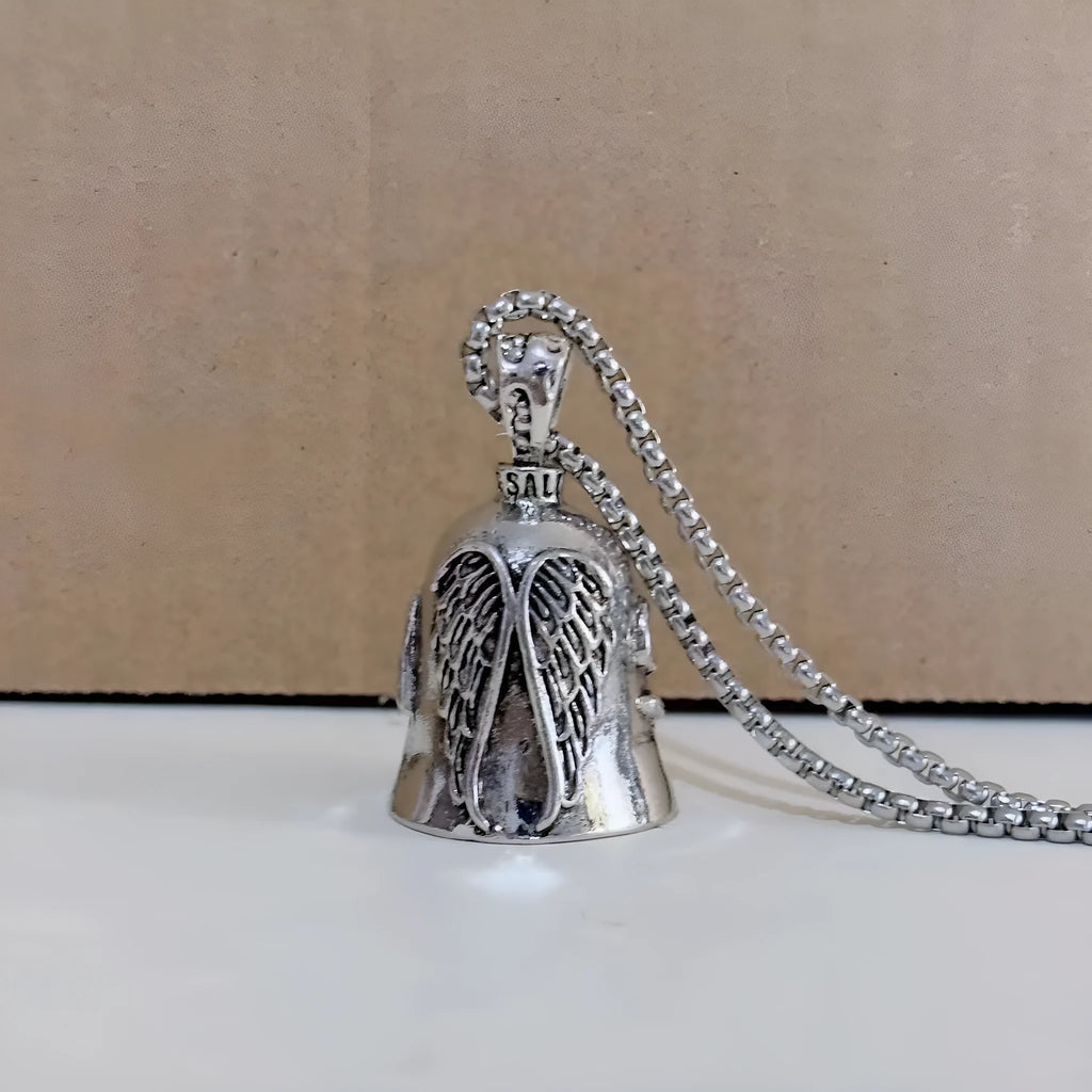 Vintage white electroplated alloy angel feather pendant on a keychain and a necklace chain.