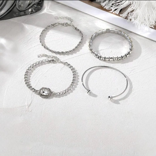 Four-piece alloy bracelet set with geometric square diamonds and metal chain in retro style