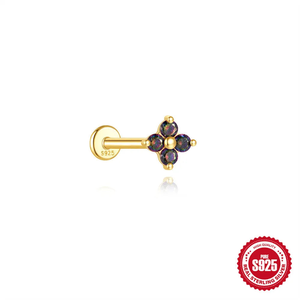 S925 sterling silver flat head stud earrings with shiny rainbow stone finish, showing thread piercing post.