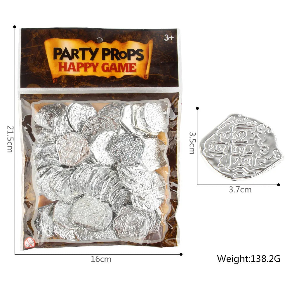 Doli set of 100 plastic Roman pirate coins in bronze, gold, and silver electroplated finishes.
