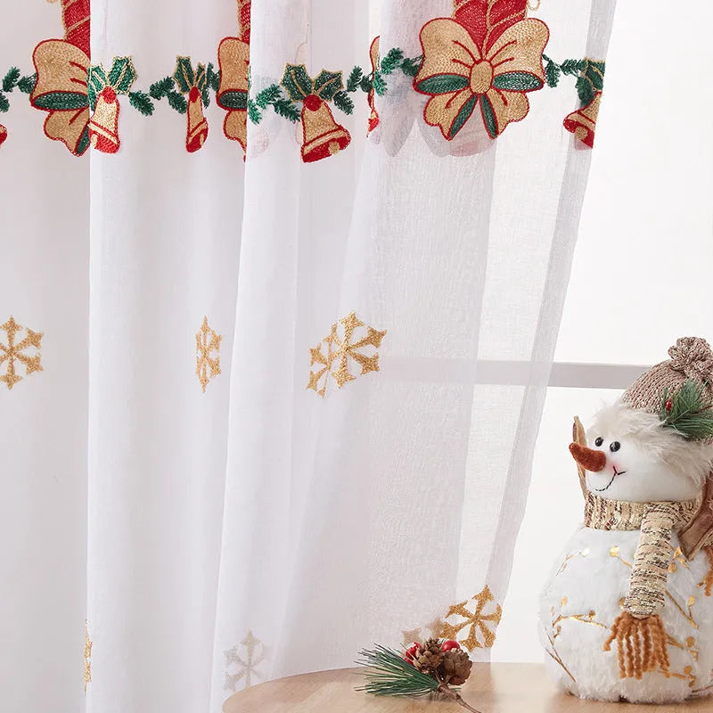 American Christmas curtain with white snowflake embroidery on red polyester fabric