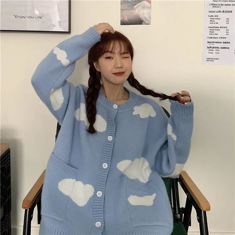 Women's blue spandex cardigan with cloud pattern, loose fit design with long sleeves