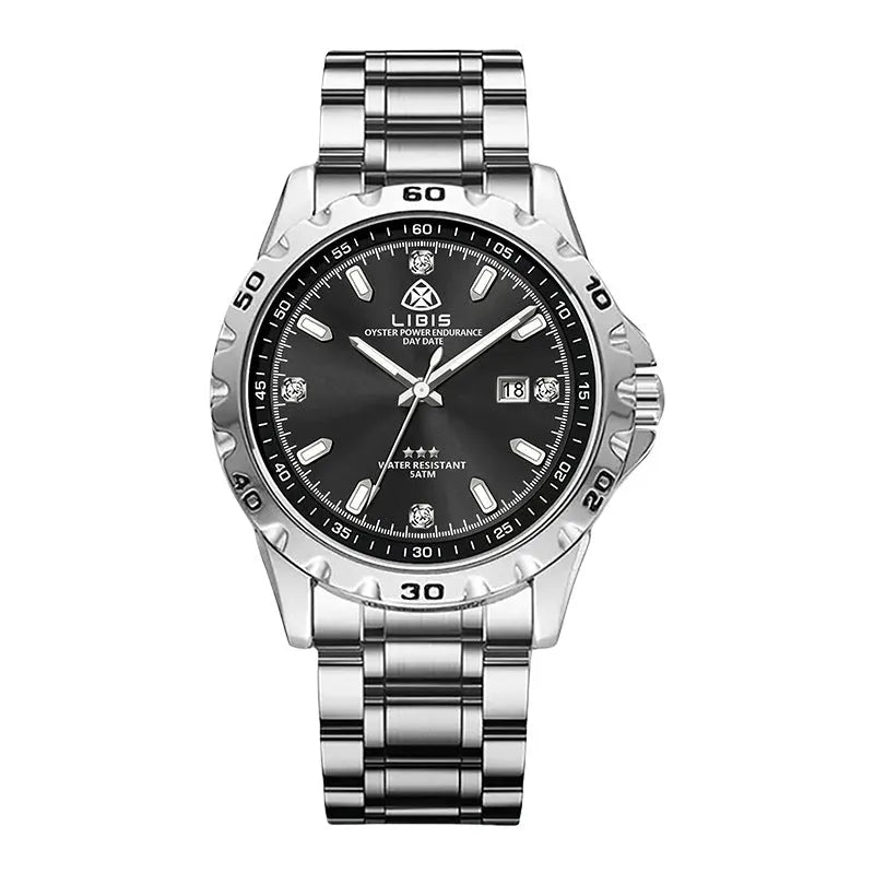 Men's silver quartz watch with luminous display and stainless steel strap