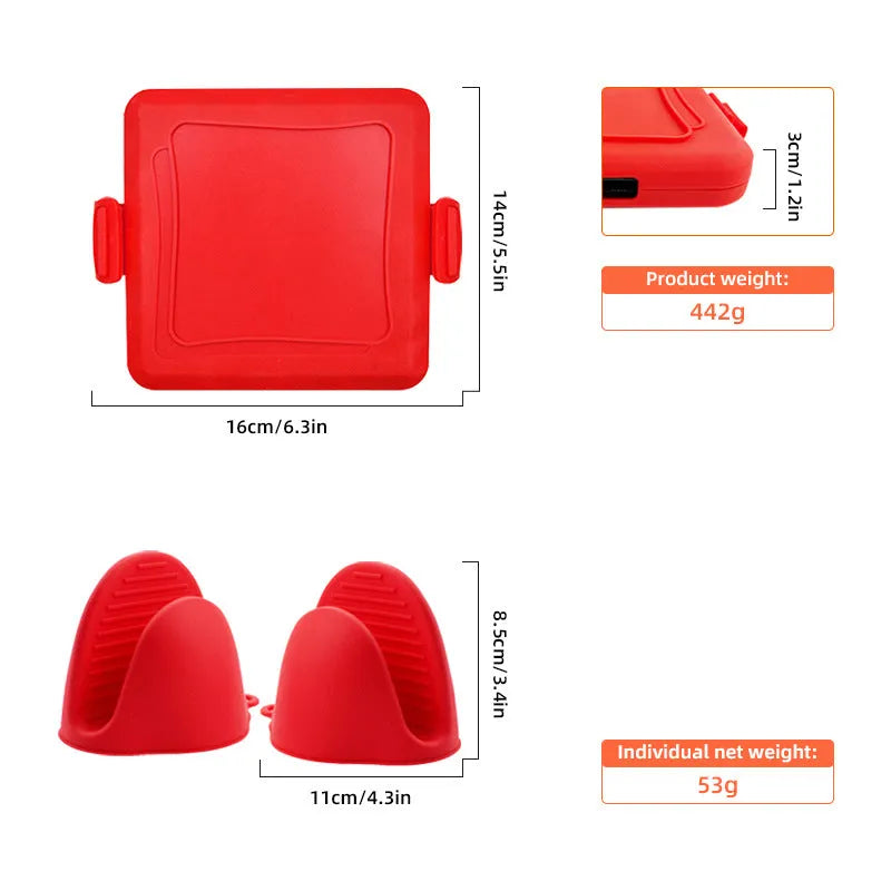 Red silicone baking tray and glove set in a handbag design on a kitchen counter