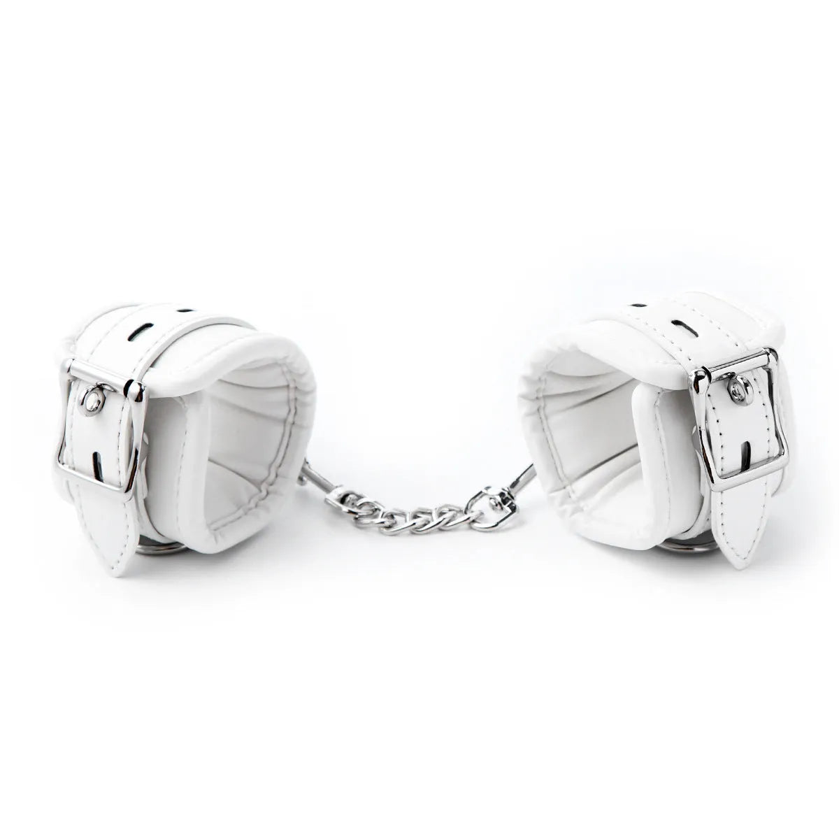 White PU sponge bondage restraint set showing handcuffs, foot cuffs and neck scarf for adjustable adult play