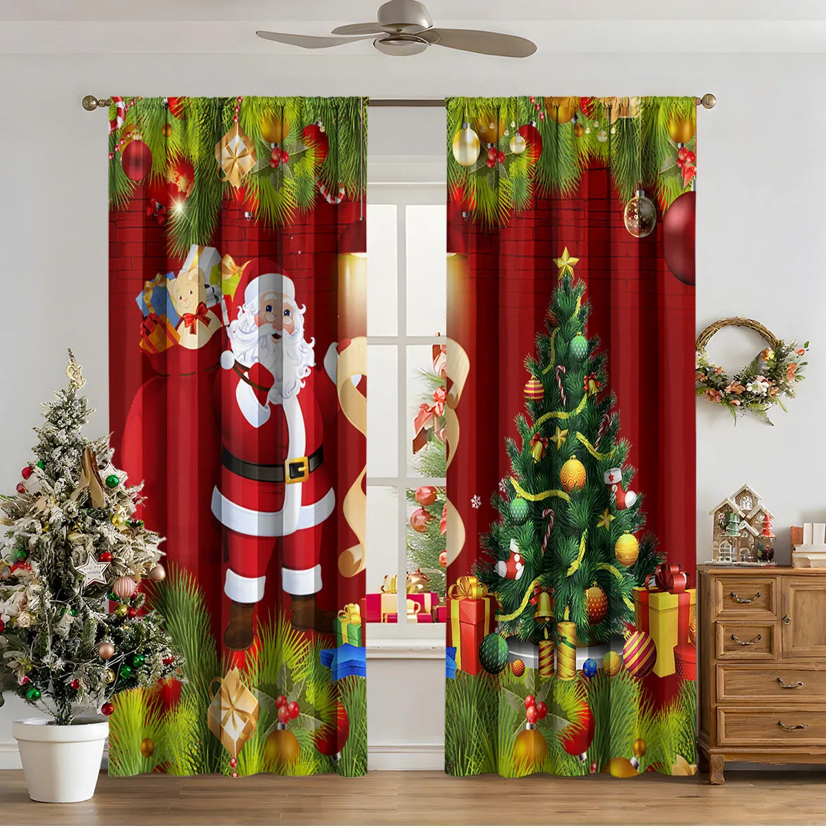 Set of two red and green 3D digitally printed Christmas theme curtains hanging on a window.